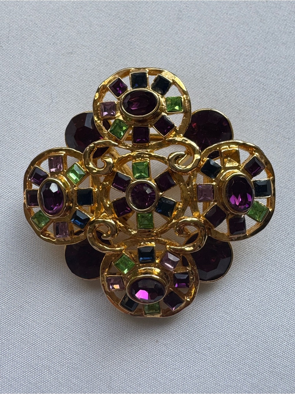 R.J. Graziano Gold-Tone Multi-Gem Floral Cluster Brooch - Purple, Green, Black